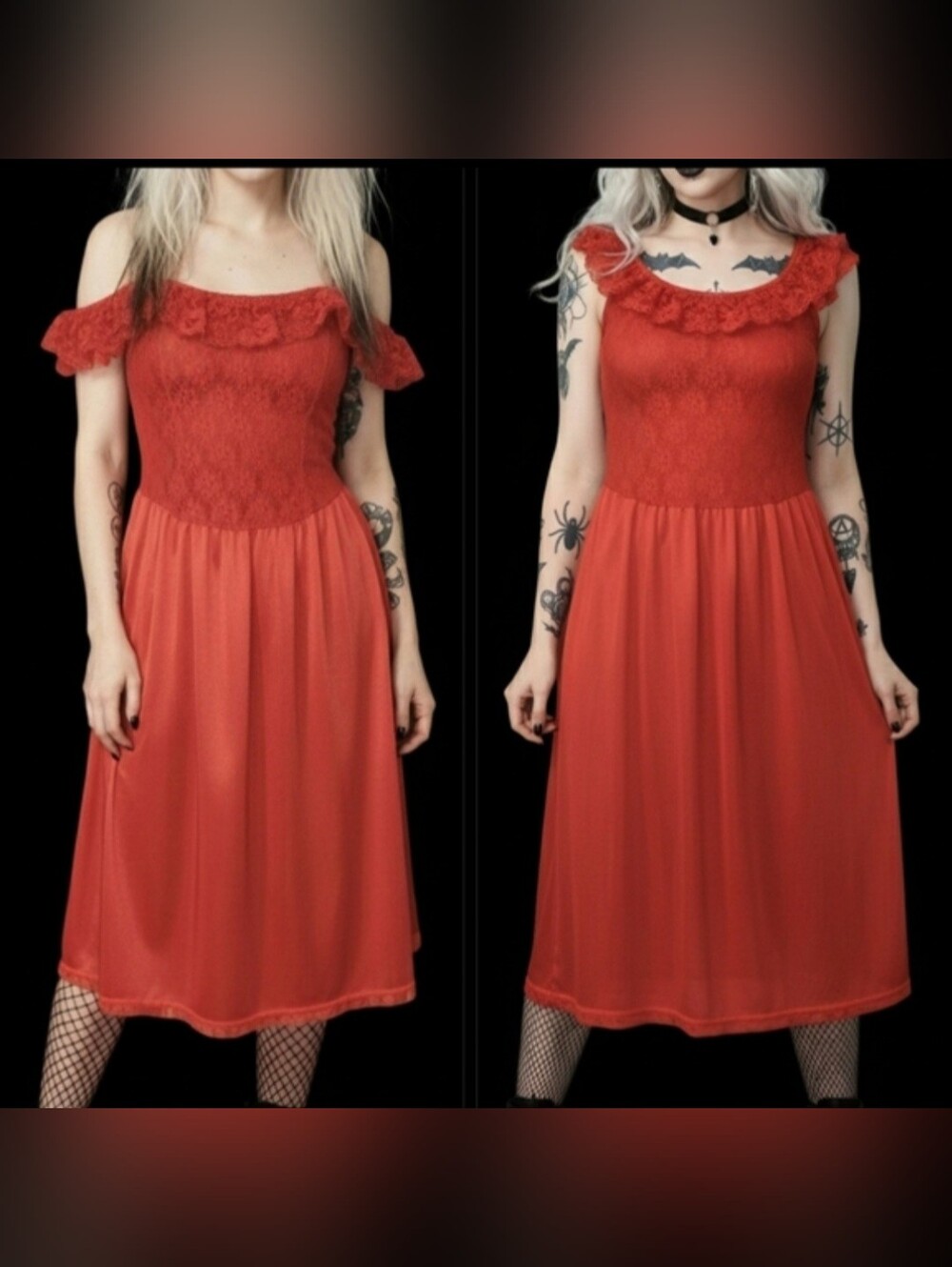 Vtg 80s Stroke Midnight red lace ruffle on off shoulder silk lingerie dress L